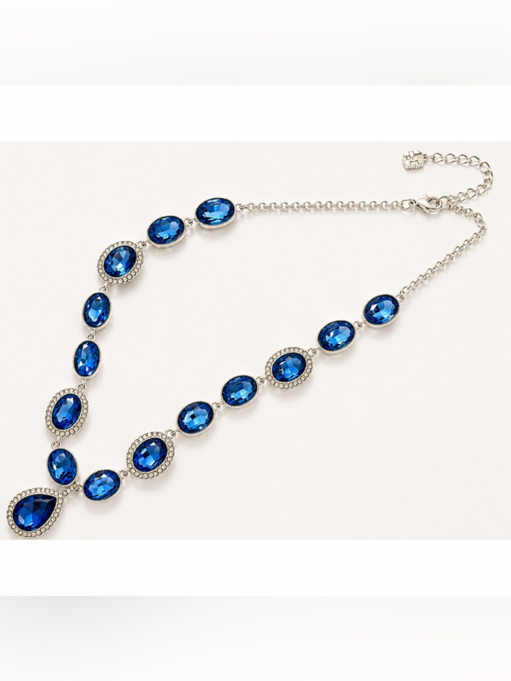Monet Blue Crystal Statement Necklace Silver Tone Teardrop Rhinestone Like New